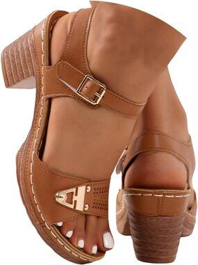 Women's Brown Dressy Low Block Chunky Heels Ankle Strap Comfortable Open Toe